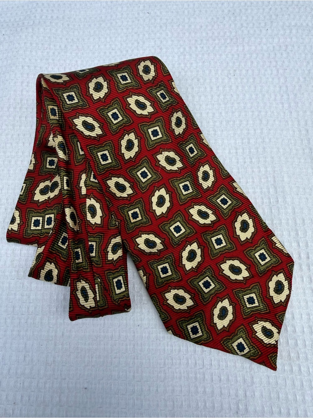 Vintage Hugo Boss Red Geometric Silk Tie with Ivory, Olive and Navy Accents